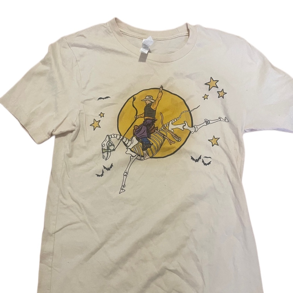 Halloween Cowboy Bronco Skeleton Graphic Tee Short Sleeve Cotton Shirt